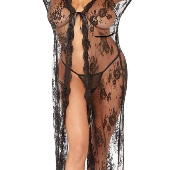 Long Lace Robe W/ Scalloped Trim, Satin waist Tie - Picture 3 of 7